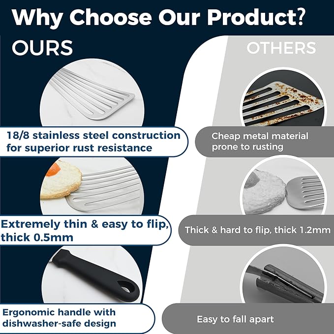 MUJINON Fish Spatula 18/8 Stainless Steel, Thin Long Flexible 12.5-in Metal Spatula Fish Turner Brushed Kitchen Utensil for Outdoor Grilling Daily Barbeque, Dishwasher Safe