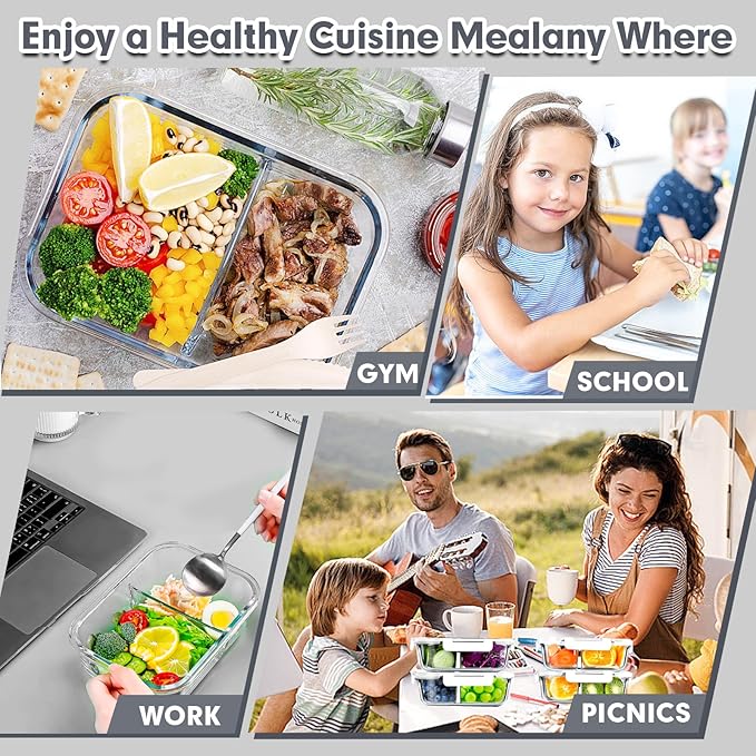 VERONES 5 PACK 36 OZ Glass Food Storage Containers 2 Compartment Set, Wihte