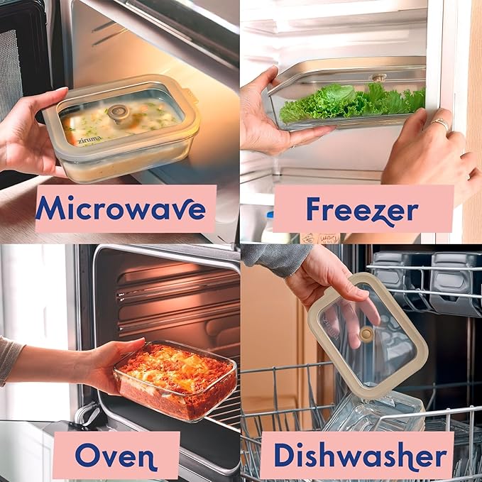 Non-Toxic Glass Food Containers with Lids, 4-Pack, 35 oz, Airtight, Beige