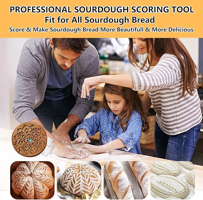 Upgraded 3D Carved UFO Bread Lame for Sourdough, Wooden Sourdough Scoring Tool with Recessed Mandala Pattern, PU Storage Case, 5 Replaceable Blades & Finger Protectors, Bread Scorer for Homemade Bread