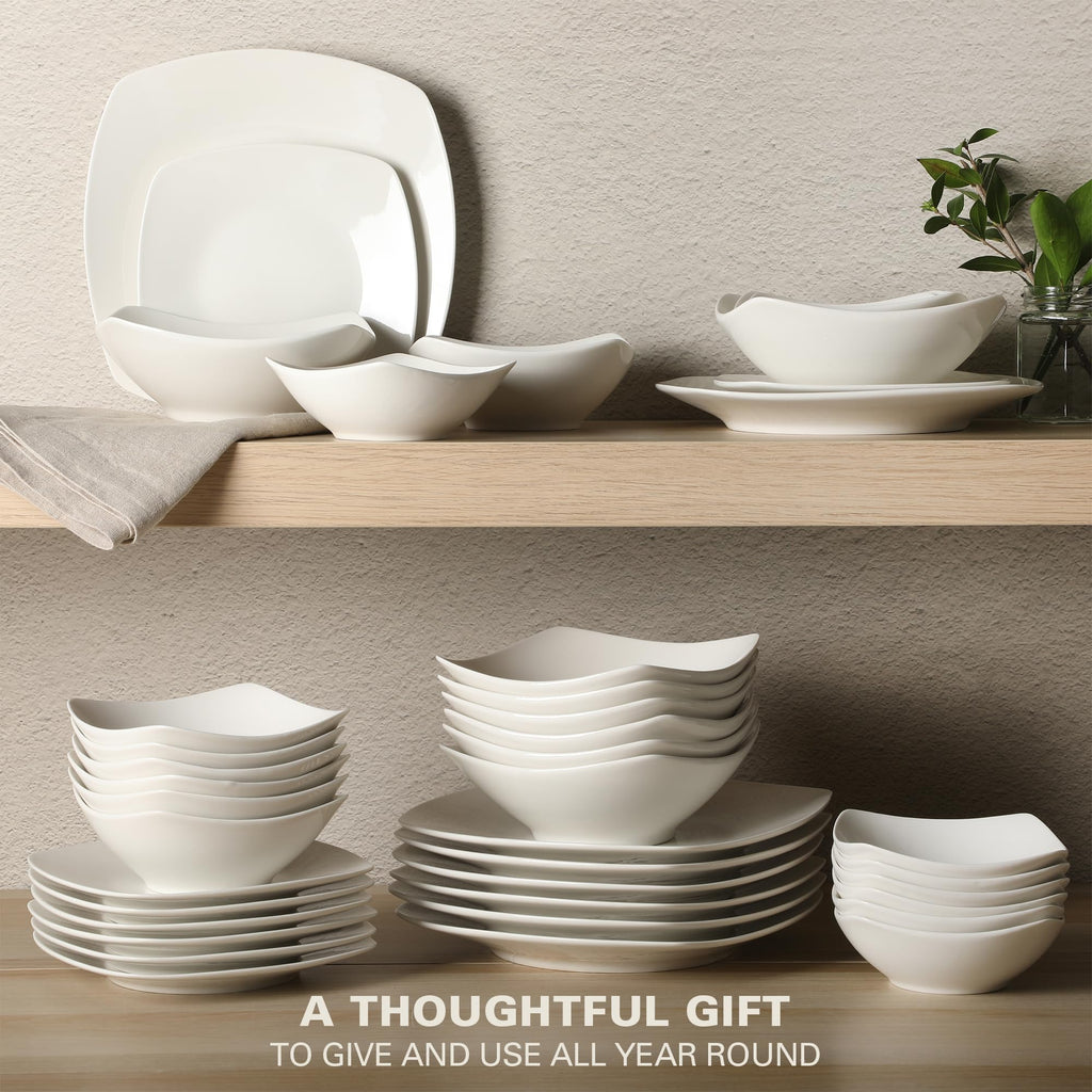 Gibson Home Brentwood 40-Piece Dinnerware Set – Square White Porcelain Plates and Bowls, Service for 8, Dishwasher & Microwave Safe, Modern Everyday Dinner Set with Cereal, Dessert, and Entrée Bowls