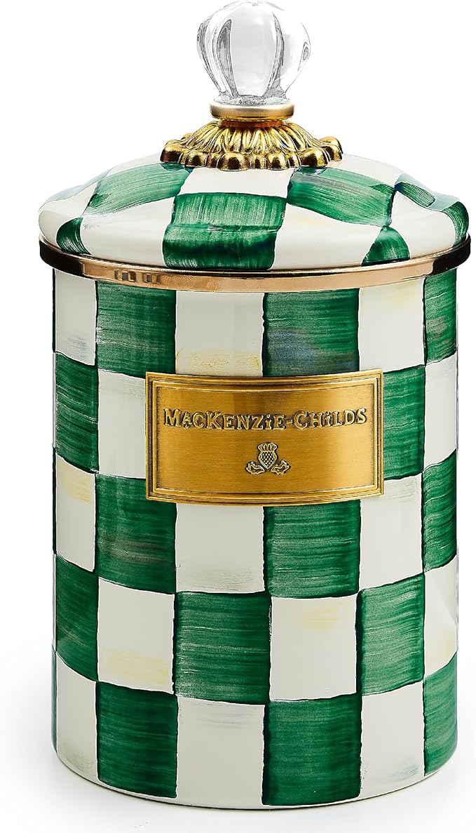 MACKENZIE-CHILDS Enamel Canister, Medium, Green-and-White Emerald Check