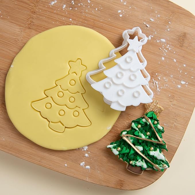 Flycalf Christmas Cookie Cutters Xmas Tree Shapes with Plunger Stamps Holiday PLA Baking Accessories Cutter Molds Gifts Decorative Party 3.5" Kitchen Cake Supplies