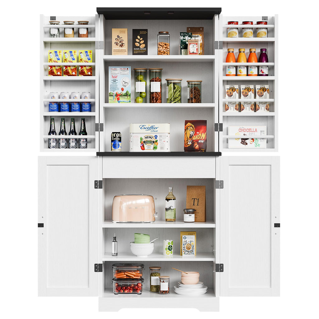 Vongrasig Kitchen Pantry Storage Cabinet with Barn Doors, Drawer and Adjustable Shelves, 6-Tier Tall Rustic Wood Cupboard Locker for Kitchen, Dining Room, Living Room, Bathroom, (White)