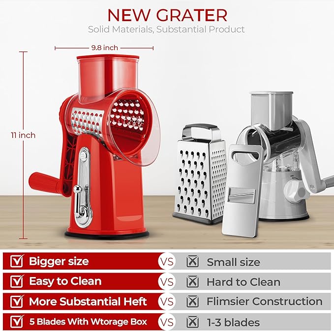 SUSTEAS Rotary Cheese Grater 5 Blades,Kitchen Mandoline Vegetable Slicer