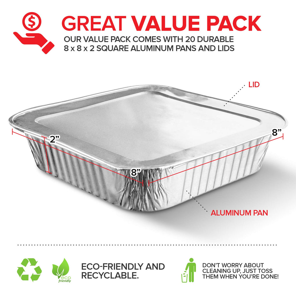 Stock Your Home 8x8 Foil Pans with Lids (20 Pack) 8 Inch Square Aluminum Pans with Covers -Disposable Food Containers Great for Baking Cake, Cooking, Heating, Storing, Prepping Food