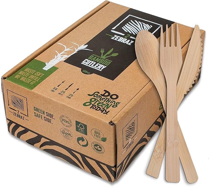 2 ZEBRAZ Bamboo Cutlery Set 100pc Disposable - 50 Fork 25 Knife 25 Spoon