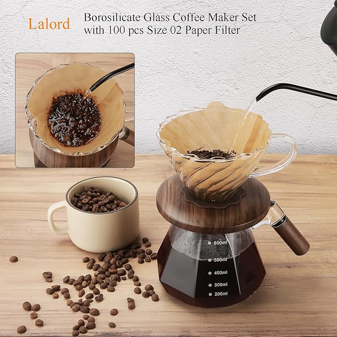Lalord Pour Over Coffee Maker, 600ml/20oz Borosilicate Glass Set, Coffee Dripper with Walnut Collar, Glass Lid, 100 Paper Filters, 1-3 Cups, Clear