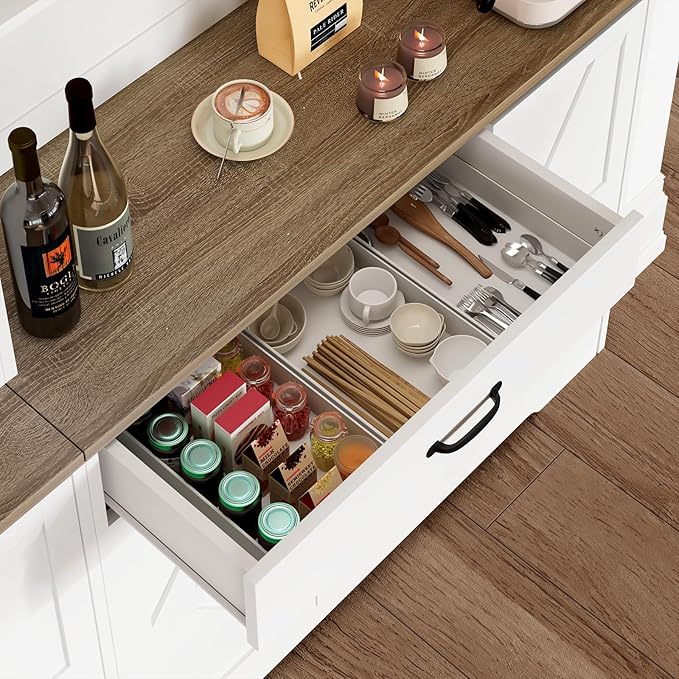 GRUSIGN 71" Pantry Cabinet with Charging Station, Large Capacity Kitchen Hutch Storage Cabinet, Kitchen Cabinet with Microwave Stand, Storage Drawers & Adjustable Shelves for Dining Room, Cream-White