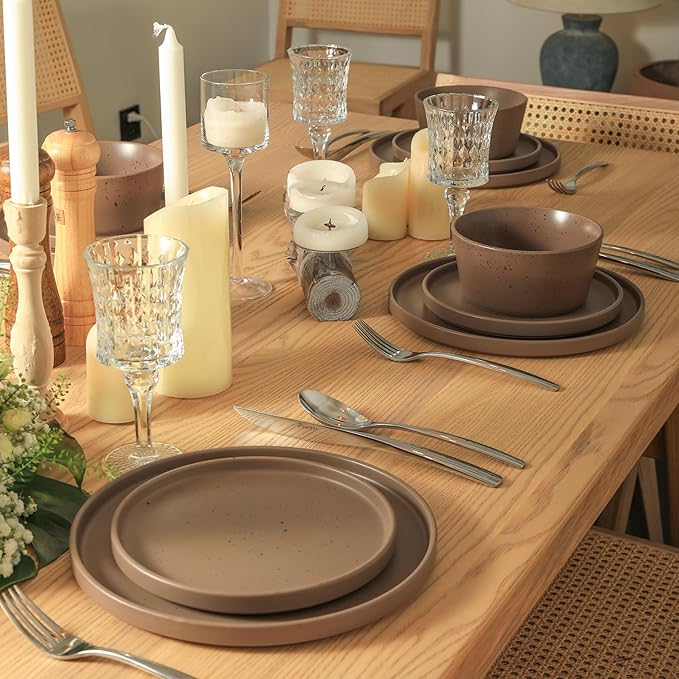 Stone Lain Celina Stoneware 16-Piece Modern Dinnerware Set, Plates and Bowls, Matte Brown, Service For 4, Microwave & Dishwasher Safe