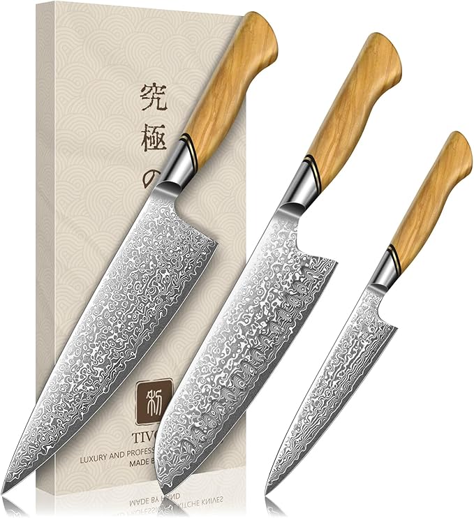 TIVOLI Damascus Kitchen Knife Set, 3 PCS Japanese Chef Knife Set