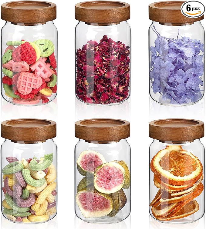 Patoper 6oz Small Glass Jars with Wood Lid Spice Jar Round Food Storage Canister Clear Glass Containers Jar for Ground Seasoning Pantry Sugar Tea Coffee Bean Spice Herb Cookies(6 * 200ml(6.76oz))