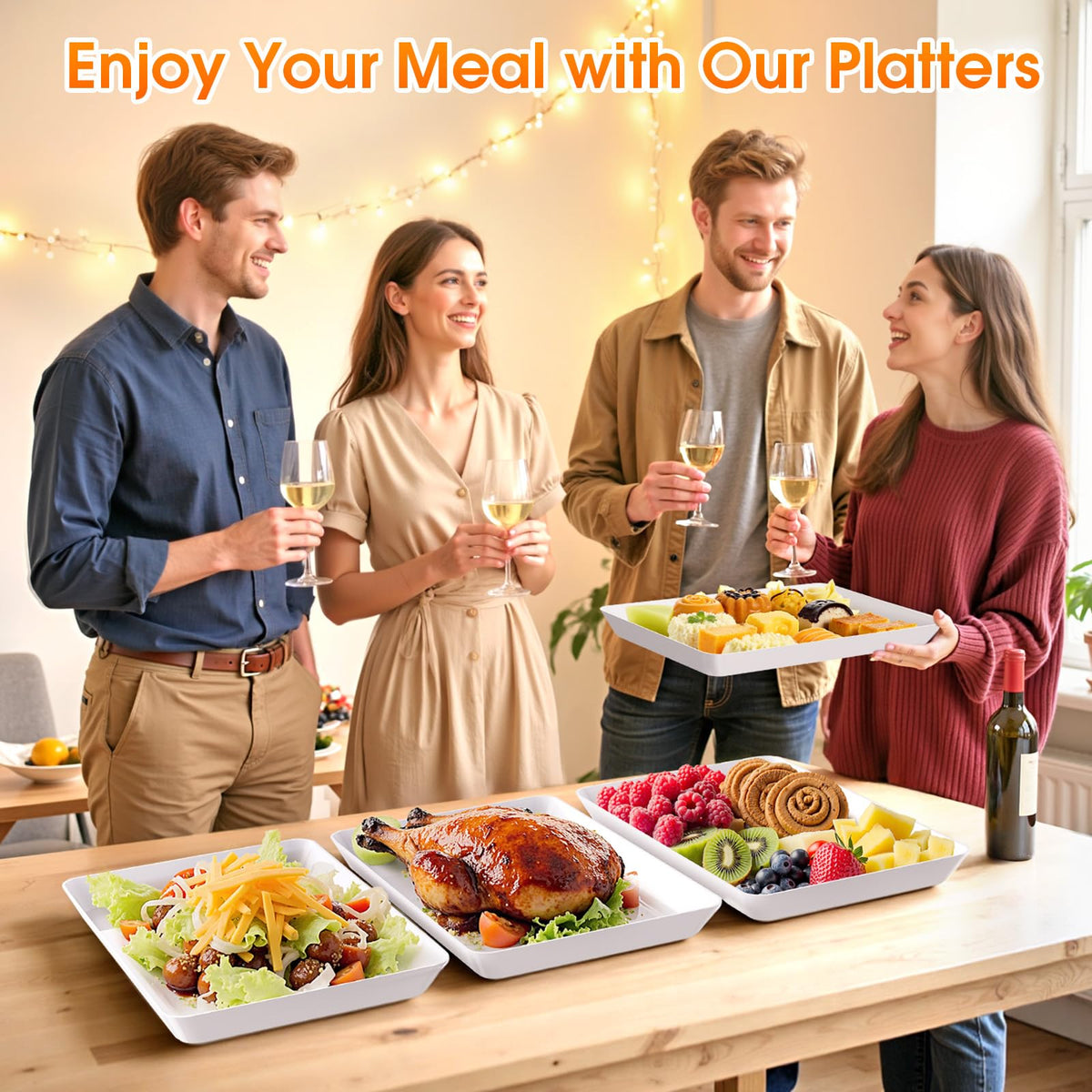 Serving Trays, Serving Platter, Plastic Trays, 4-Pack, White