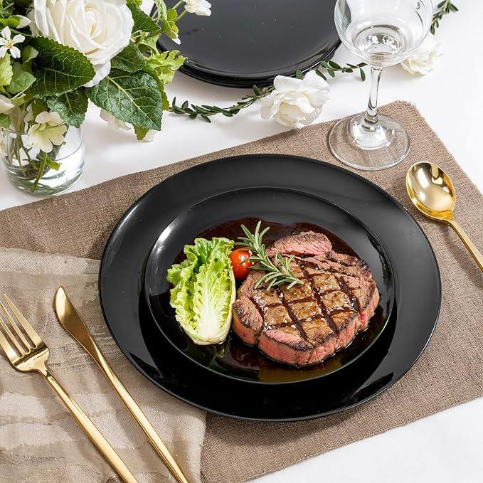 PULOTE 60 PCS Black Plastic Plates - Include 30 Dinner and 30 Dessert Plates, Black Disposable for Party,Birthday & Graduation