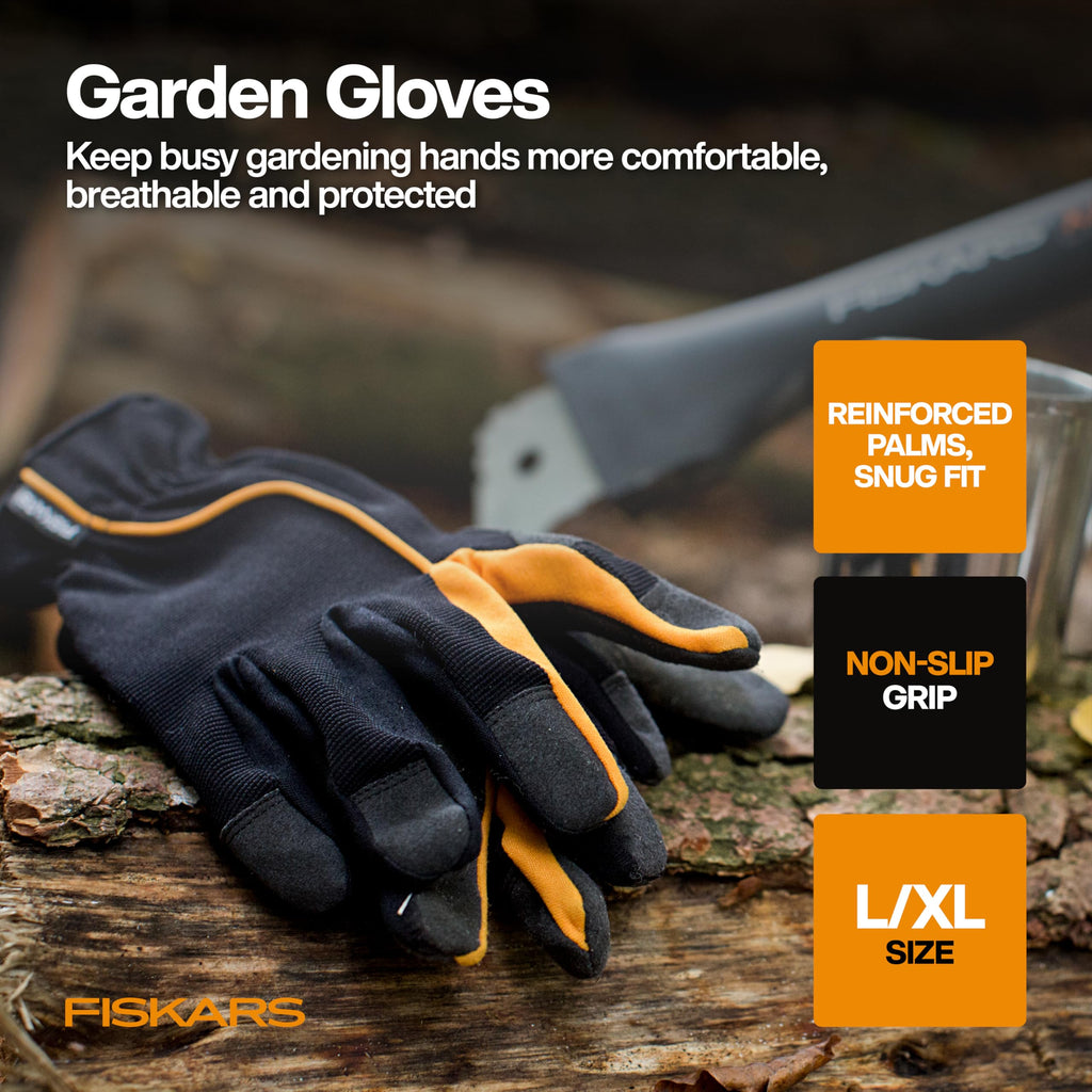 Fiskars 4-Piece Tool Set, Pruning Shears, Trowel, Cultivator & L/XL Gloves