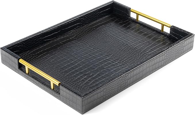 ATZYmolin 17"x12" Leather Serving Tray, Gold Handle Vanity Platter, Black