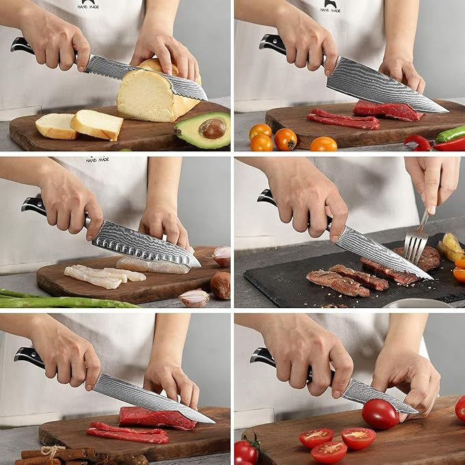 16-Piece Damascus Knife Set with Block, VG10 67-Layer Damascus Steel Kitchen Knife Set with Triple-Rivet Handles, 6 Steak Knives, Meat Fork, Sharpener & Scissors, Gray