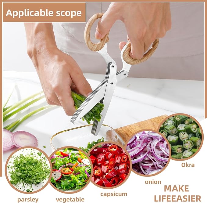 ccraowo 2025 New Herb Scissors Set - Wood Grain Pattern 5 Blades with Cover and Comb - Skin-Friendly Handle, Delicate Grip - Dishwasher Safe, Anti-Rust Stainless Steel for Cutting Fresh Garden Herbs