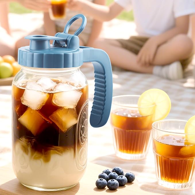 GMAEURL Mason Jar Pitcher With Stainless Steel Filter 64 OZ Wide Mouth Cold Brew Coffee Maker 2 Quart Glass water pitcher with lid Half Gallon Cold hot Tea maker For Lemonade Milk Juice Refrigerator