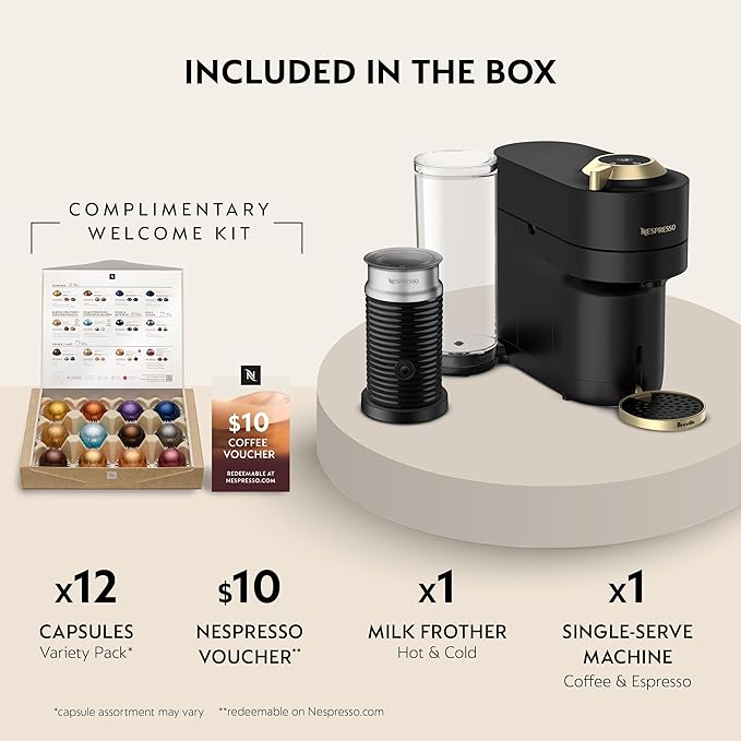 Nespresso Vertuo Pop+ Deluxe Coffee Machine with Frother, Matte Black Gold
