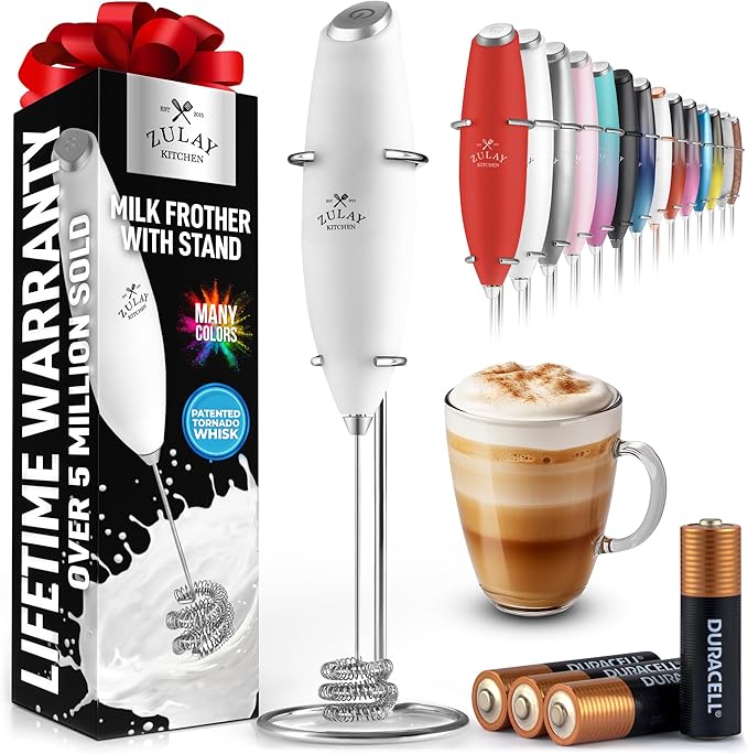 Zulay Kitchen Powerful Milk Frother Wand With Duracell Batteries - Ultra Fast Handheld Drink Mixer - Electric Whisk Foam Maker for Coffee, Lattes, Cappuccino & Matcha - Triple Whisk - Luna White