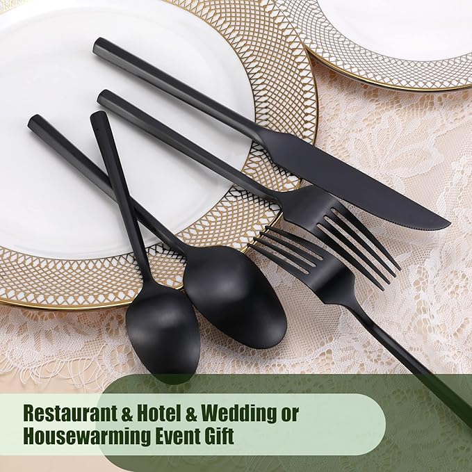 DEACORY Silverware Set Matte Black Hexagon 40-Piece Service for 8