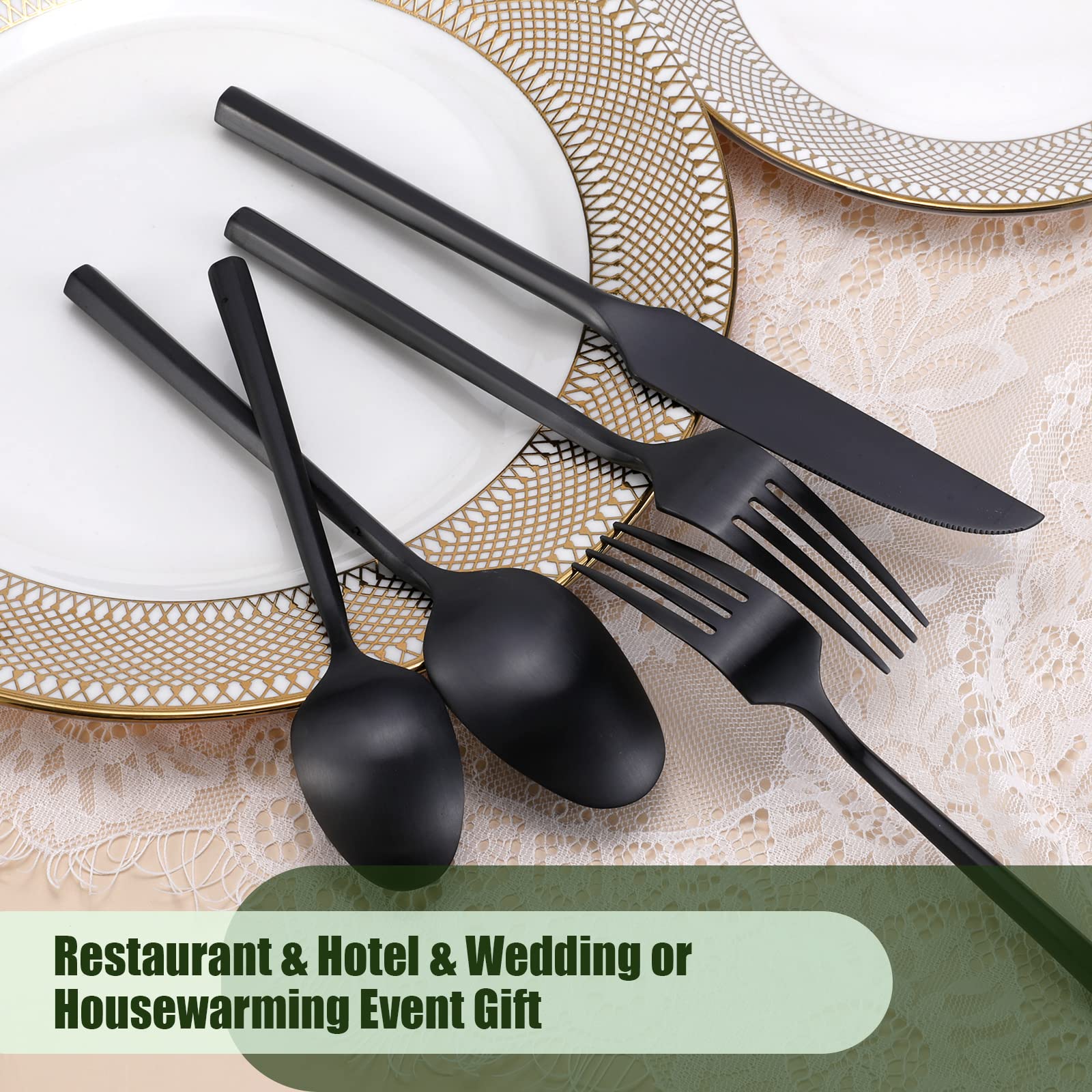 DEACORY Black Silverware Set Matte Finish Hexagon Handle Service for 4