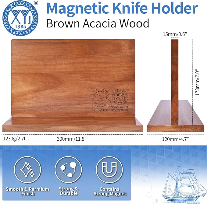 XYJ Magnetic Knife Block, Acacia Wood Knife Holder with Strong Magnets