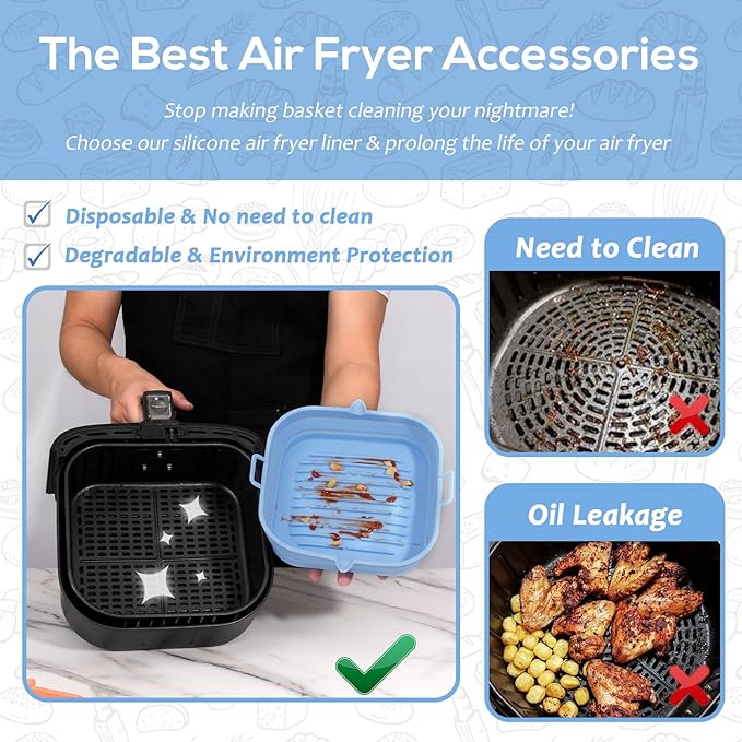 Loveuing Silicone Air Fryer Liners Square - Reusable Airfryer Collapsible Basket - Easy to Clean Air Fryers Pot for 5.8 to 8 Qt Baking Tray Oven Accessories, 8.5 Inch Large