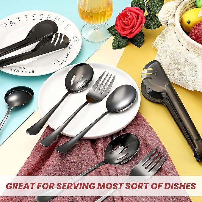 Patelai 8 Pcs Black Stainless Steel Serving Utensils Set 8.7" Large Spoons and Slotted Spoon 9.45" Tong 9" Forks Flatware Wedding Party Restaurant Cooking Kitchen Holiday Buffet Banquet Catering Hotel