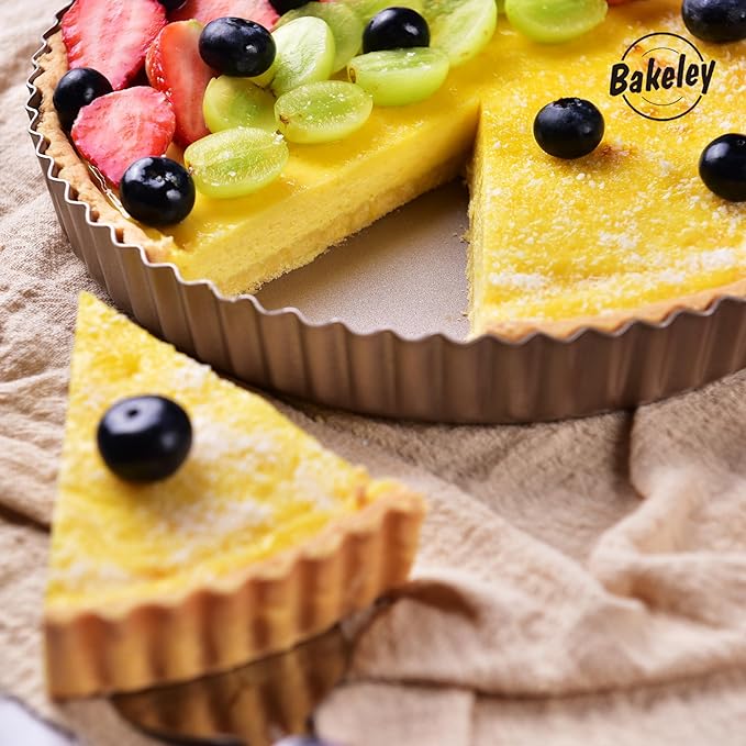 Bakeley 11-Inch Round Tart Pan with Loose Removable Bottom, Non-Stick Carbon Steel Quiche Pan for Oven Baking (Champagne Gold)