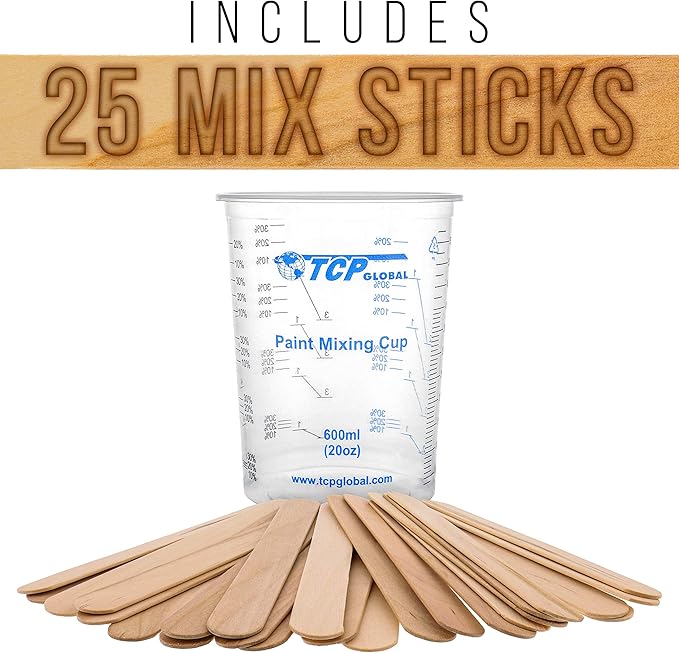 TCP Global 20 oz. (600ml) Graduated Plastic Mixing Cups - Box of 25 - Disposable Plastic Measuring Cups for Liquids, Paints, Resin, Epoxy, Art, Kitchen - Ratios 2-1, 3-1, 4-1 ML