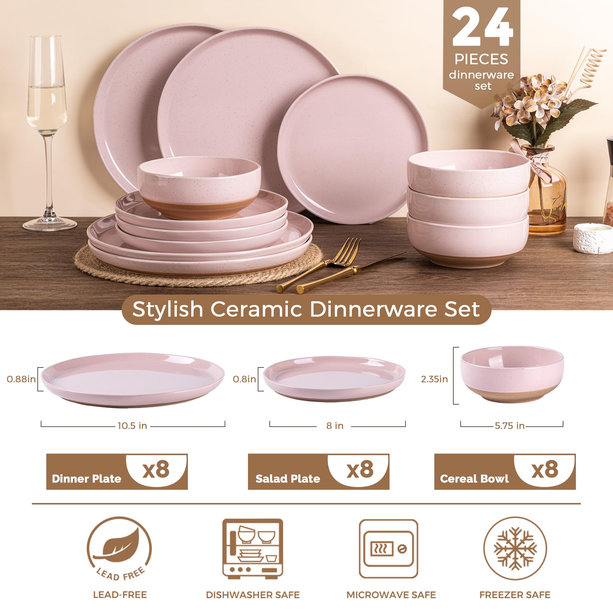 AmorArc Dinnerware Sets for 8, 24 Pieces Ceramic Plates and Bowls Set