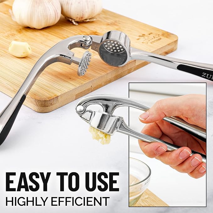 Zulay Kitchen Premium Garlic Press Set - Rust Proof Professional Garlic Mincer Tool - Easy-Squeeze, Easy-Clean with Soft, Ergonomic Handle - Silicone Garlic Peeler & Brush (Chrome)