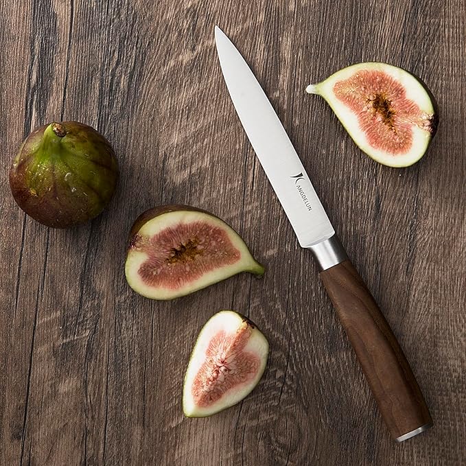 Kangdelun Ultra Sharp 15-Piece Knife Set, 50Cr15MoV High-Carbon Stainless Steel, Torrefied Brown Ash Wood Handles, Angled Dark Brown Wood Block, Easy Hand Wash, Gift Box