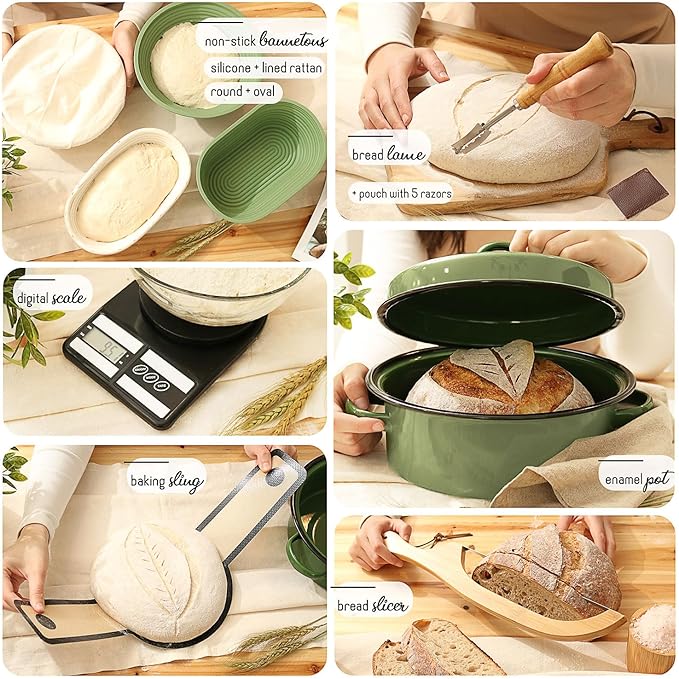 CraftZee All-Inclusive 𝗣𝗥𝗘𝗠𝗜𝗨𝗠 Sourdough Starter Kit with Pot, 34 Oz Starter Jar, 4 Banneton Bread Proofing Baskets, Scraper, Scale, Sourdough Bread Baking Supplies, Beginner Guide & Recipes