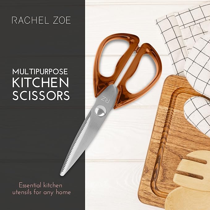 Rachel Zoe All Purpose Scissors, Scissors for Office, School or Art, Stainless Steel Sharp Shears with Large Handles, Dishwasher Safe (Brown/Silver)