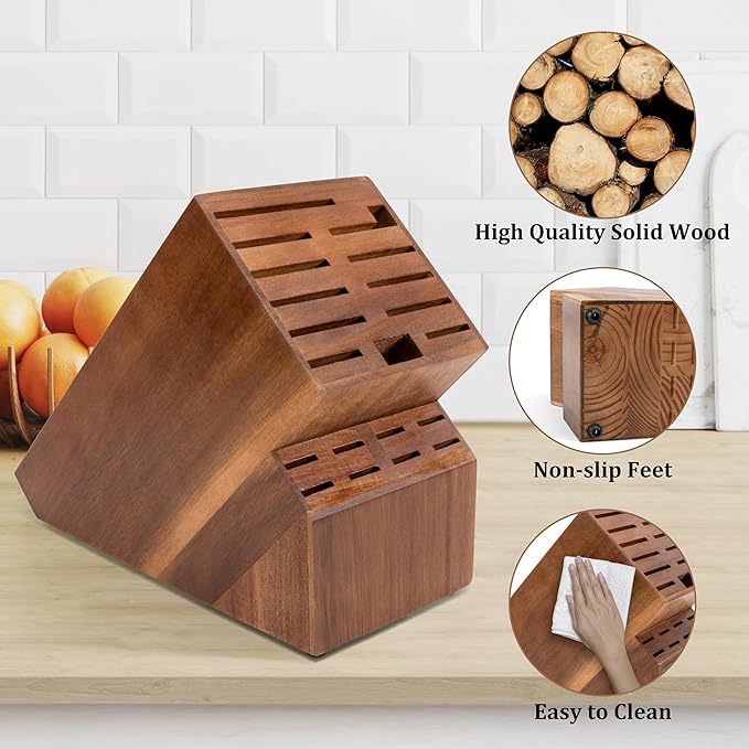 Knife Block for Kitchen Countertop - 20 Slot Universal Knife Holder with Acacia Wood, Large Knife Storage Organizer for Butcher Block, Knife Block Storage without Knives, Easy for Knife set