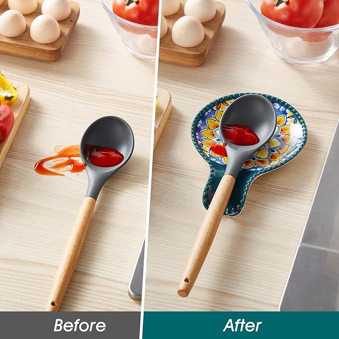 vancasso 7.7 Inch Ceramic Spoon Rest Set of 2, Bohemian Spoon Holder, Dark
