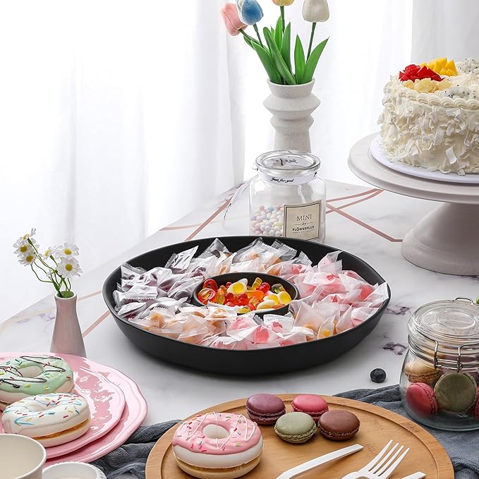 ZAROCRUS Chip & Dip Serving Set, 2 PCS Divided Cheeses Serving Platter, Relish Tray, Round Compartment Appetizer Set for Chips and Dip, Veggies, Candy and Snacks, Black, Set of 2