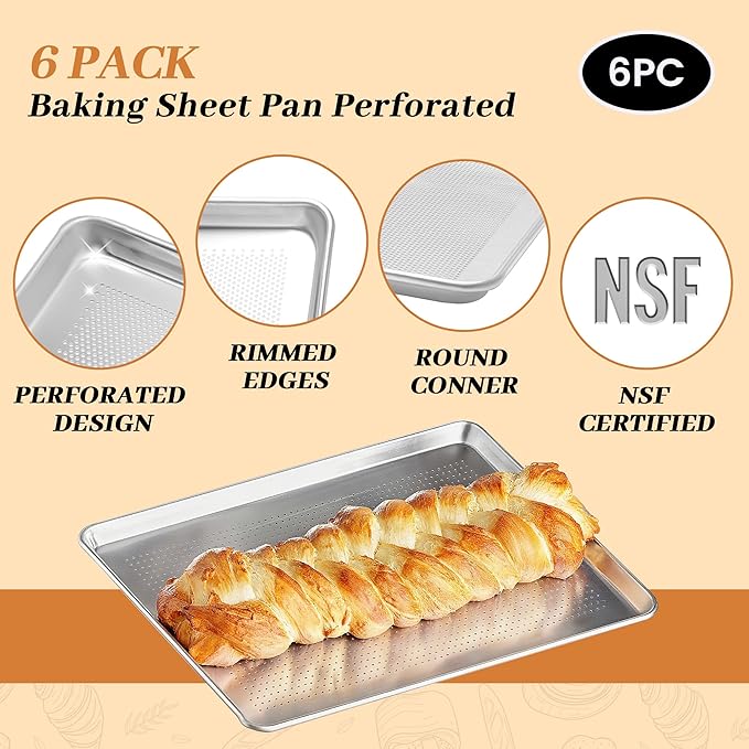 STEELUS 6 Pack Perforated Half Size Aluminum Baking Sheet Pans, 18"x13"