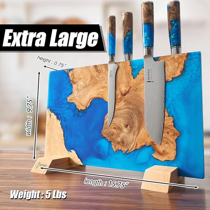 SENKEN "Tsunami" Extra Large Magnetic Knife Block - Holds Up to 16 Knives - Knife Block without Knives, Universal Knife Holder, Beautiful Blue Resin Burl Wood Blend ("Tsunami" Blue Resin Blend)