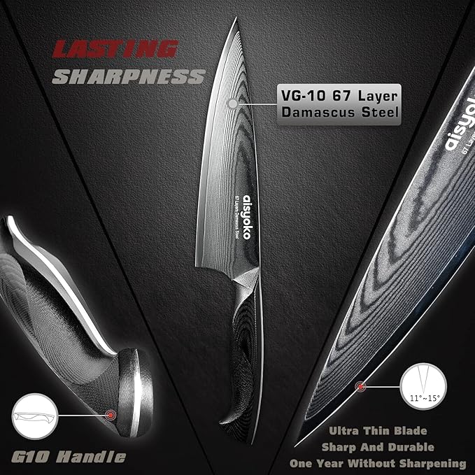 aisyoko Damascus Chef Knife 8 Inch Sharp Kitchen Knife Japan VG-10 Stainless Steel Carbon Ultra Sharp Kitchen Cooking Knife, Ergonomic G10 Handle Deluxe Gift Box