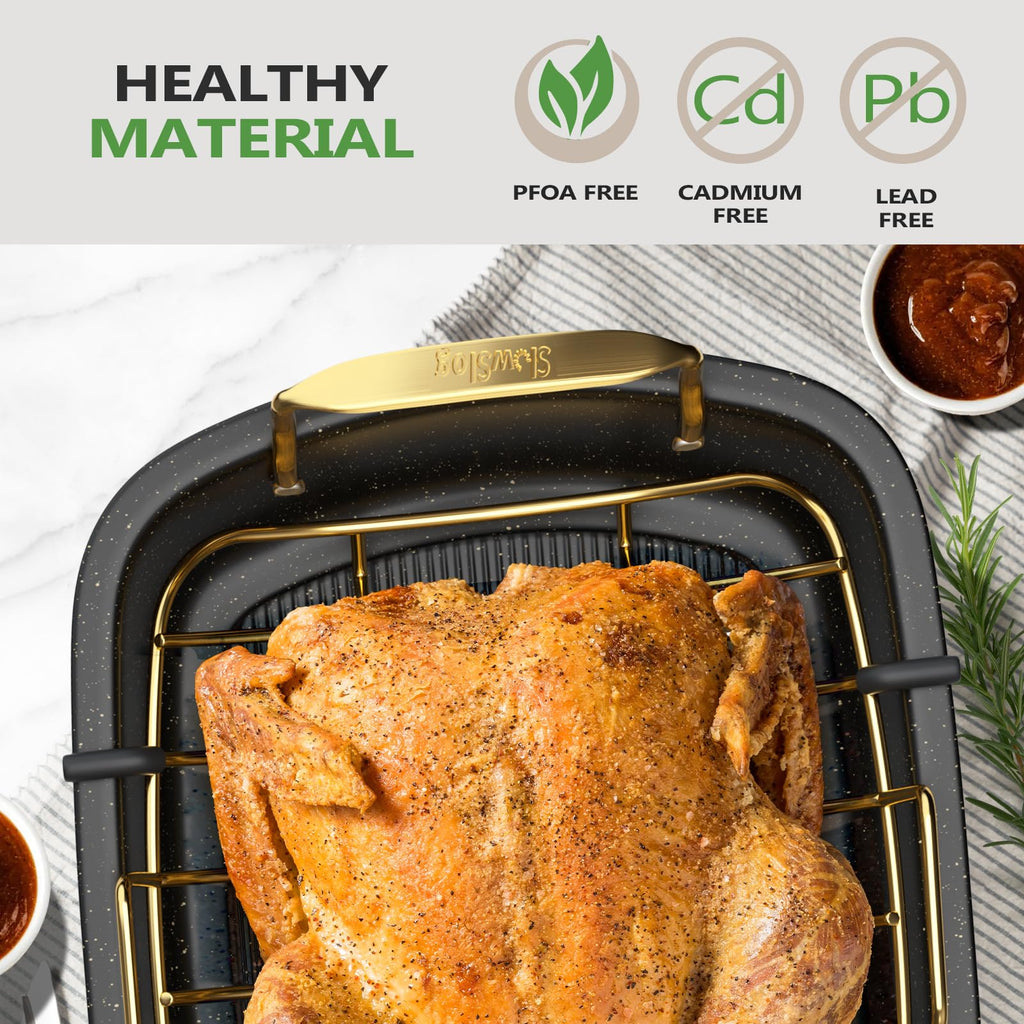 Turkey Roasting Pan, 17x13 Inch Roaster with Removable Rack, Black&Gold
