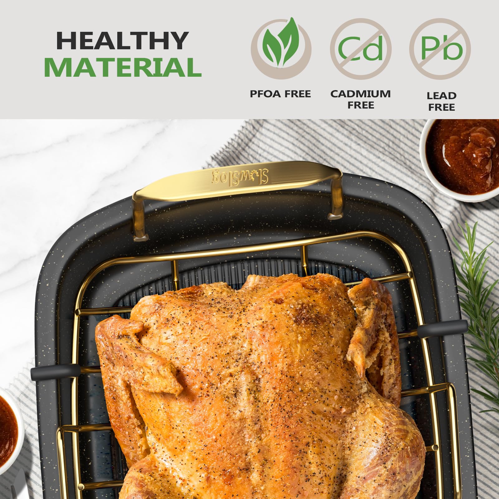 Turkey Roasting Pan, 17x13 Inch Roaster with Removable Rack, Black&Gold