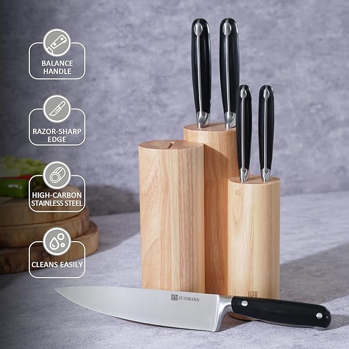 ZUNMARK Kitchen Knife Set, Skylark Series 6-Piece High Carbon X50CrMoV15 Steel Professional Chef Knife Set with Solid Wood Block, Unique Design Knife Block Set, Dishwasher Safe, Elegant Black