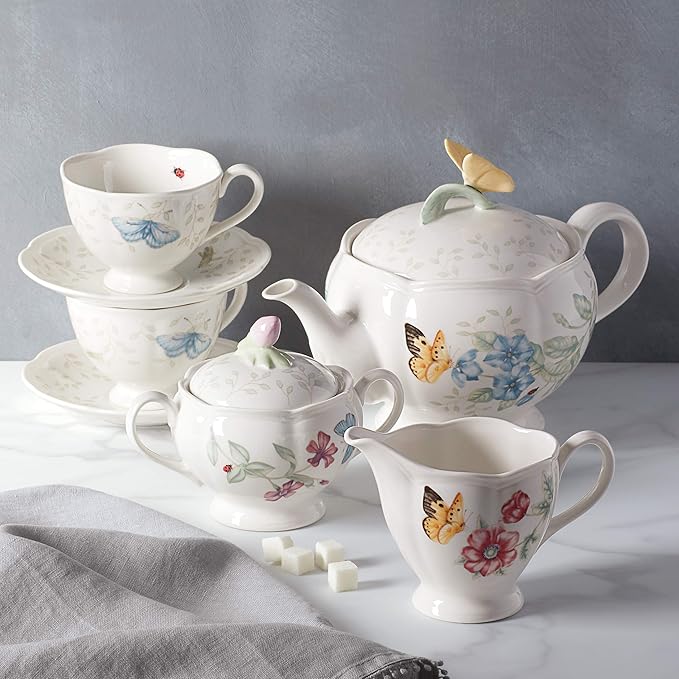 Lenox Butterfly Meadow Porcelain Teapot and Tea Cup Set, 9-Piece, 48oz