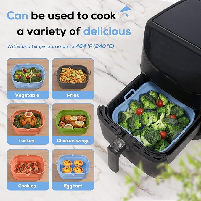 Loveuing Silicone Air Fryer Liners Square - Reusable Airfryer Collapsible Basket - Easy to Clean Air Fryers Pot for 5.8 to 8 Qt Baking Tray Oven Accessories, 8.5 Inch Large