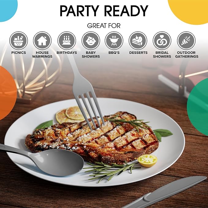 Party Solids Silver Plastic Silverware Heavy Duty 150 Pieces Silver Disposable Silverware Heavy Duty, Utensil Sets, 50 Of Each Forks, Knives & Spoons Disposable Cutlery Set For Party Supplies