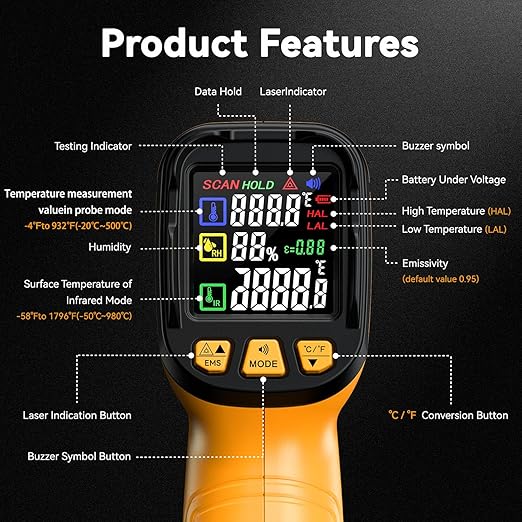 Surpeer 50:1 Infrared Thermometer IR Laser Gun, -58°F to 1796°F, Digital Temperature Gun/K-Type Probe -4°F to 932°F & Humidity Sensor for Cooking, Pizza Oven BBQ HVAC Home-Industrial Use